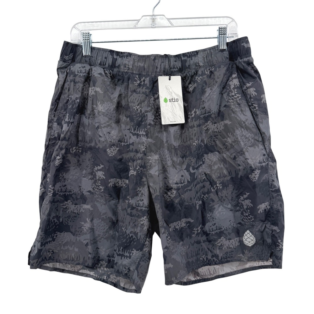 NEW Stio Second Light Shorts Men Large 7" Inseam Black Camo Recycled Nylon Lined
